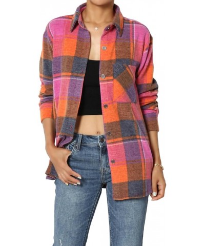 Women's Soft Fleece Plaid Check Button Front Shirt Pocket Long Sleeve Shacket Fleece Magenta $20.39 Blouses