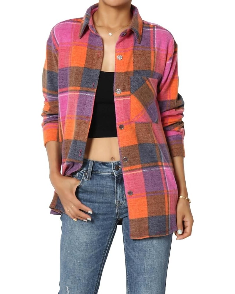 Women's Soft Fleece Plaid Check Button Front Shirt Pocket Long Sleeve Shacket Fleece Magenta $20.39 Blouses