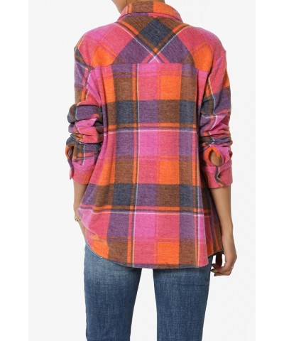 Women's Soft Fleece Plaid Check Button Front Shirt Pocket Long Sleeve Shacket Fleece Magenta $20.39 Blouses