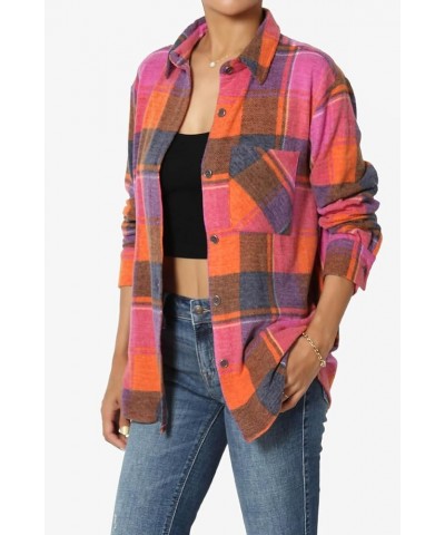 Women's Soft Fleece Plaid Check Button Front Shirt Pocket Long Sleeve Shacket Fleece Magenta $20.39 Blouses