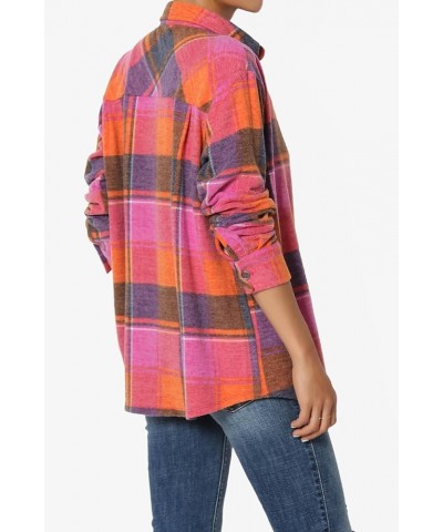 Women's Soft Fleece Plaid Check Button Front Shirt Pocket Long Sleeve Shacket Fleece Magenta $20.39 Blouses