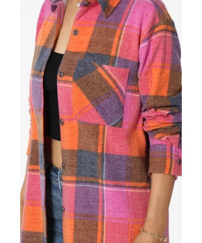 Women's Soft Fleece Plaid Check Button Front Shirt Pocket Long Sleeve Shacket Fleece Magenta $20.39 Blouses