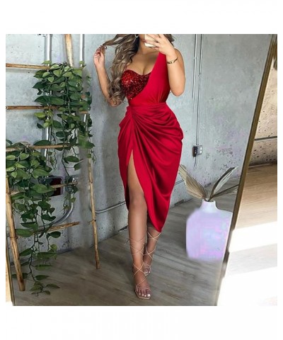 Summer Dresses for Women Solid Color Sexy Sequin Slit Maxi Dresses Smocked One Shoulder Cocktail Dress Slim Fit 01-red $11.42...