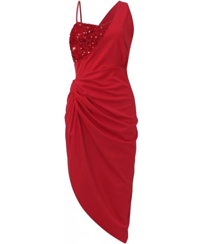 Summer Dresses for Women Solid Color Sexy Sequin Slit Maxi Dresses Smocked One Shoulder Cocktail Dress Slim Fit 01-red $11.42...