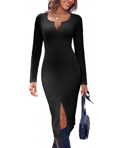 Women's Sexy V Neck Knit Bodycon Dress Long Sleeve Slim Fit Split Casual Sweater Midi Dress Black $11.99 Dresses