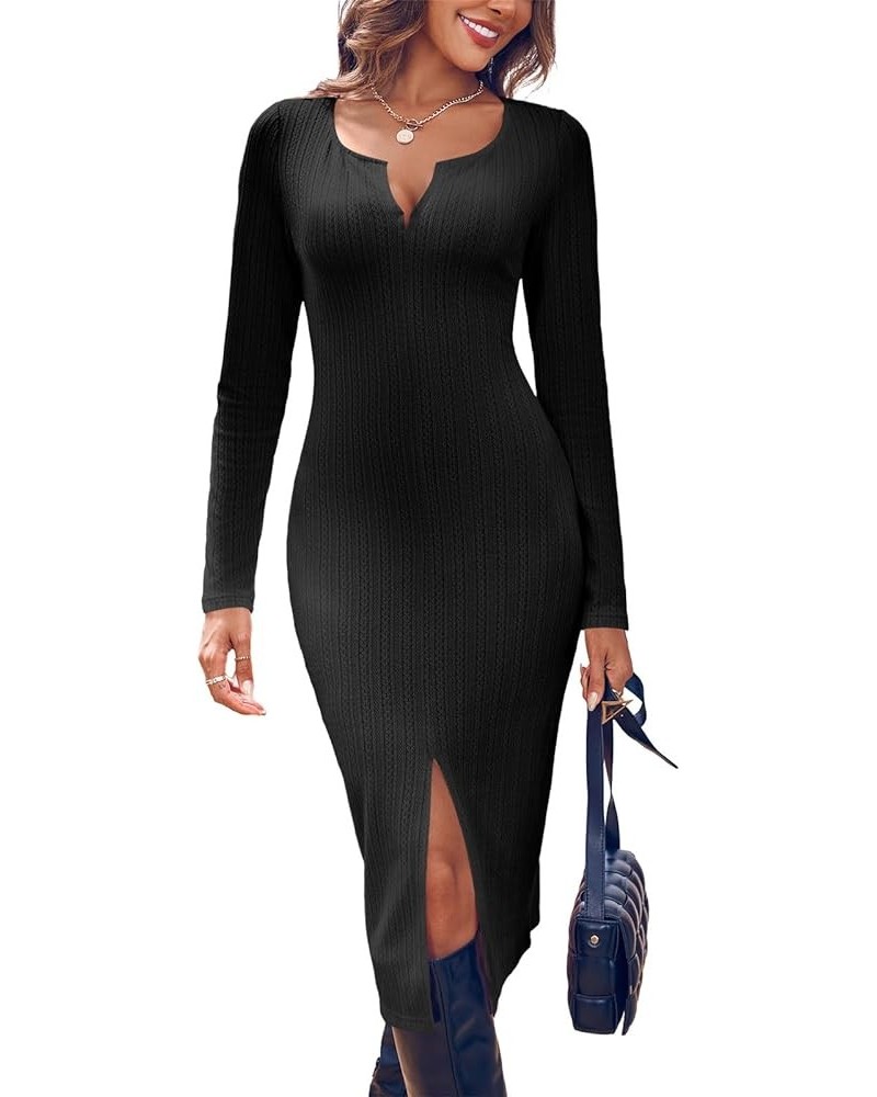 Women's Sexy V Neck Knit Bodycon Dress Long Sleeve Slim Fit Split Casual Sweater Midi Dress Black $11.99 Dresses