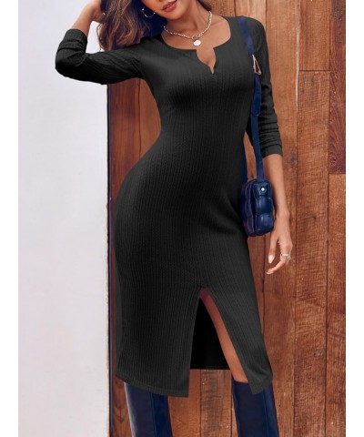 Women's Sexy V Neck Knit Bodycon Dress Long Sleeve Slim Fit Split Casual Sweater Midi Dress Black $11.99 Dresses