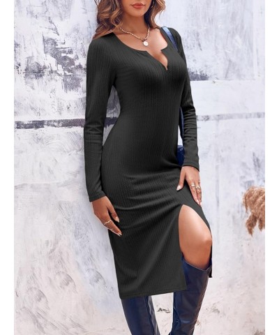 Women's Sexy V Neck Knit Bodycon Dress Long Sleeve Slim Fit Split Casual Sweater Midi Dress Black $11.99 Dresses