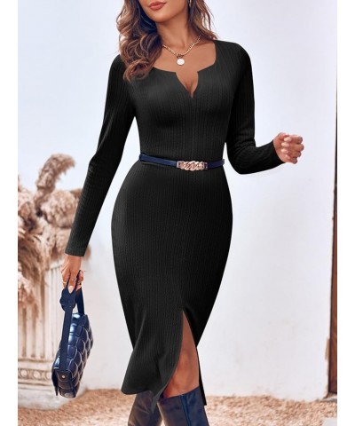 Women's Sexy V Neck Knit Bodycon Dress Long Sleeve Slim Fit Split Casual Sweater Midi Dress Black $11.99 Dresses