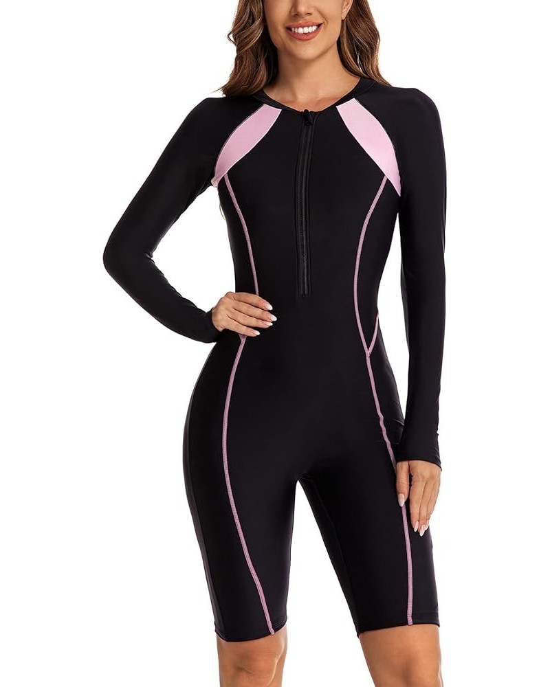 Women Long Sleeve One Piece Swimsuit Boyleg Short Rash Guard Zip up Bathing Suit Surfing Swimwear with Built in Bra Black-9 $...