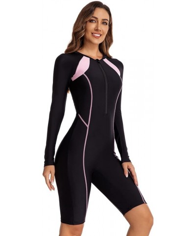 Women Long Sleeve One Piece Swimsuit Boyleg Short Rash Guard Zip up Bathing Suit Surfing Swimwear with Built in Bra Black-9 $...