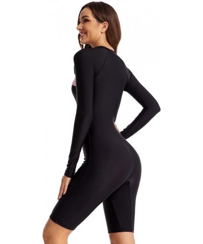 Women Long Sleeve One Piece Swimsuit Boyleg Short Rash Guard Zip up Bathing Suit Surfing Swimwear with Built in Bra Black-9 $...