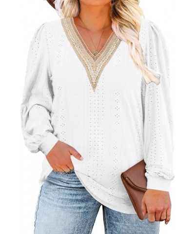 Womens-Plus-Size-Tops Lace V Neck Shirts Casual Lantern Long Sleeve Tunics XL-5XL 10_white $14.40 Tops