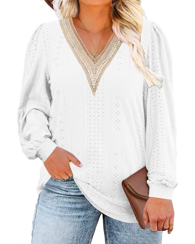 Womens-Plus-Size-Tops Lace V Neck Shirts Casual Lantern Long Sleeve Tunics XL-5XL 10_white $14.40 Tops