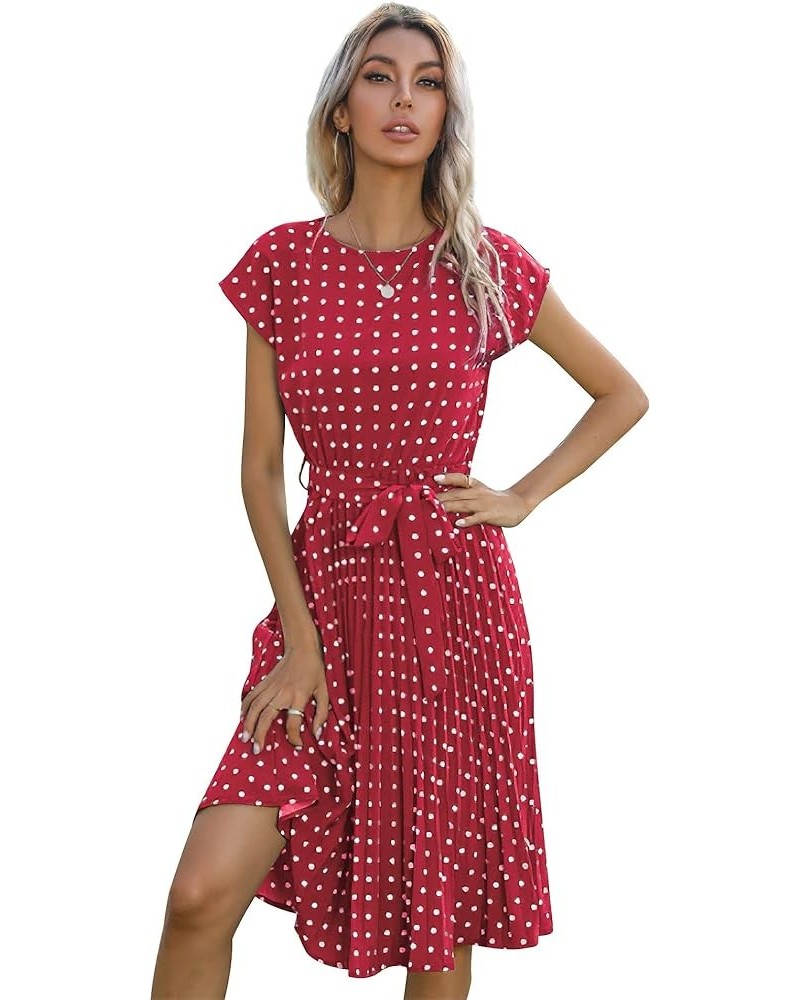 Women's Summer Casual Boho Polka Dot Crewneck Midi Dress with Belt Red $14.88 Dresses