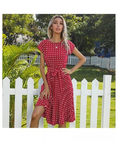 Women's Summer Casual Boho Polka Dot Crewneck Midi Dress with Belt Red $14.88 Dresses