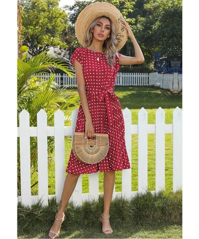 Women's Summer Casual Boho Polka Dot Crewneck Midi Dress with Belt Red $14.88 Dresses