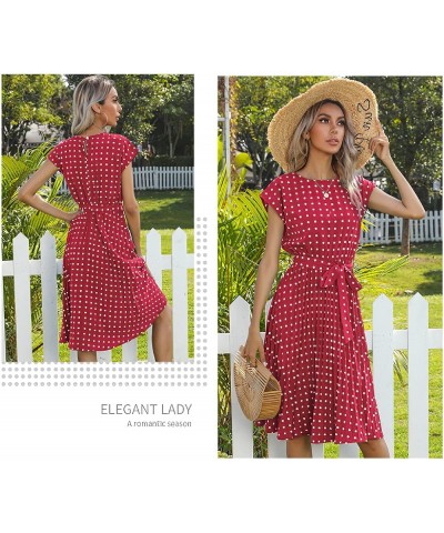 Women's Summer Casual Boho Polka Dot Crewneck Midi Dress with Belt Red $14.88 Dresses