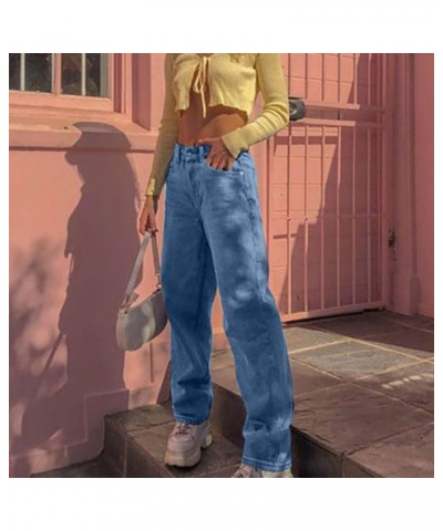 Womans Jeans, Womens Casual Jeans Distressed Pocket Blue Jeans Straight Wide Leg Denim Pants Ta5-blue $11.95 Jeans