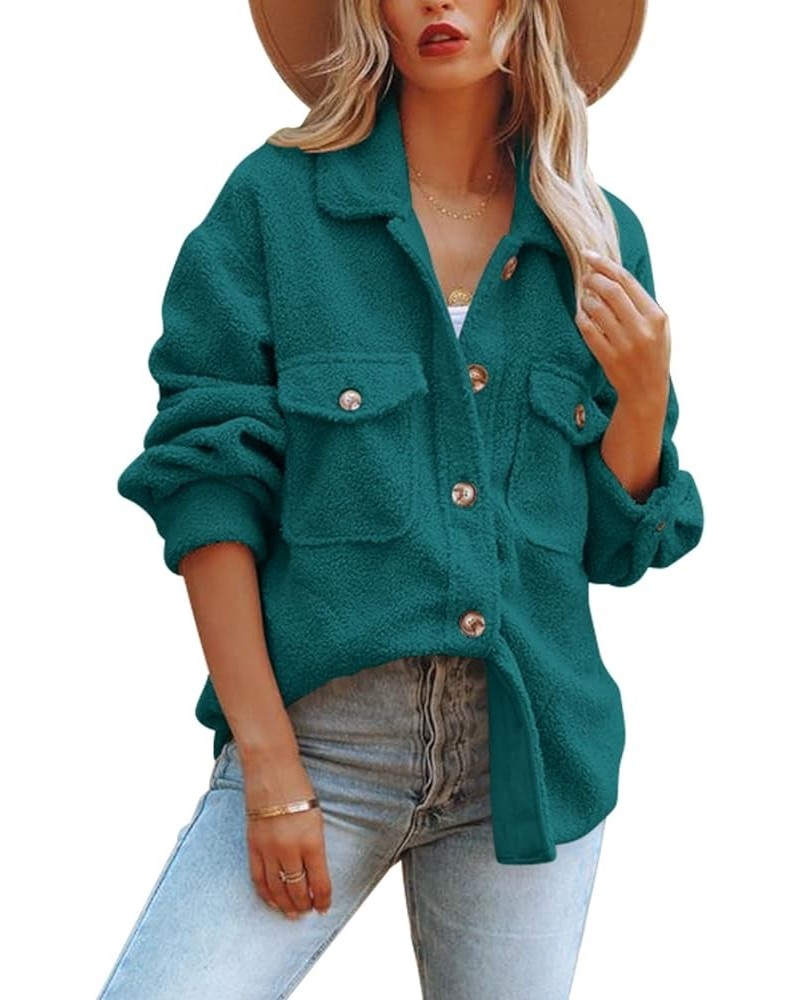 Womens Oversized Fleece Jakcets Button Down Sherpa Shacket Fuzzy Coats Casual Warm Teddy Outwear with Pockets A-teal $19.74 J...