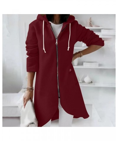 Women Zip Up Hoodies Zipper Long Hooded Jackets Solid Casual Tunic Sweatshirt Trendy Winter Outfits Clothes 2023 J012-wine $1...