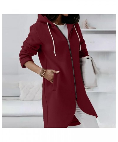 Women Zip Up Hoodies Zipper Long Hooded Jackets Solid Casual Tunic Sweatshirt Trendy Winter Outfits Clothes 2023 J012-wine $1...