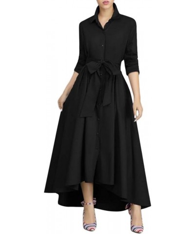 Women Long Sleeve Loose Elegant Maxi Dress Button Down Up Shirt Long Dress with Pockets and Belts Black $26.95 Dresses