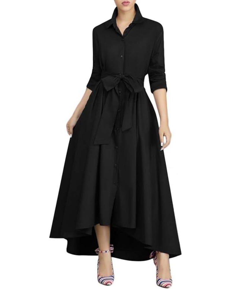 Women Long Sleeve Loose Elegant Maxi Dress Button Down Up Shirt Long Dress with Pockets and Belts Black $26.95 Dresses