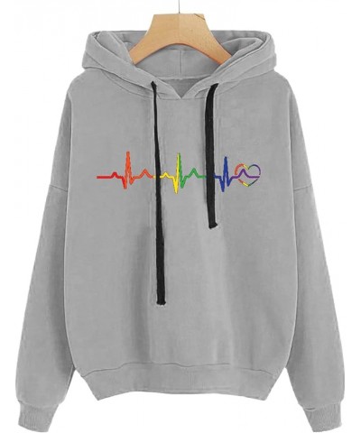 Women's Graphic Letter Heart Print Long Sleeve Hoodie Sweatshirt with Pocket Loose Oversized Drawstring Pullover Hoody Grey-k...