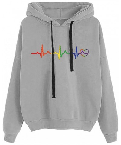 Women's Graphic Letter Heart Print Long Sleeve Hoodie Sweatshirt with Pocket Loose Oversized Drawstring Pullover Hoody Grey-k...