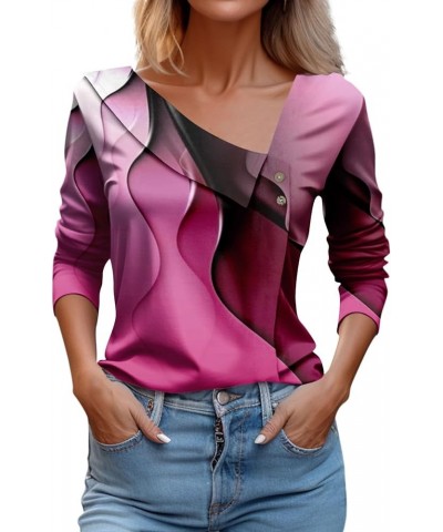 Womens Long Sleeve Shirts Asymmetric Lapel Neck Floral Print Button Blouse Clothing Fall 2023 V Neck Tunic Tops O09-hot Pink ...