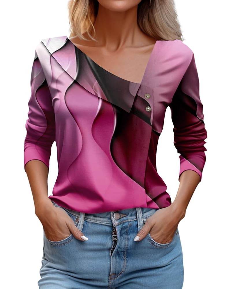 Womens Long Sleeve Shirts Asymmetric Lapel Neck Floral Print Button Blouse Clothing Fall 2023 V Neck Tunic Tops O09-hot Pink ...