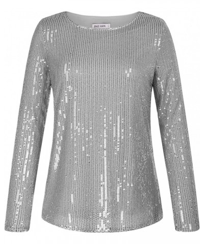 Sequin Tops for Women Sparkly Top Glitter Evening Party Shiny Split Mesh Back Long Sleeve Blouses Silver $25.67 Blouses