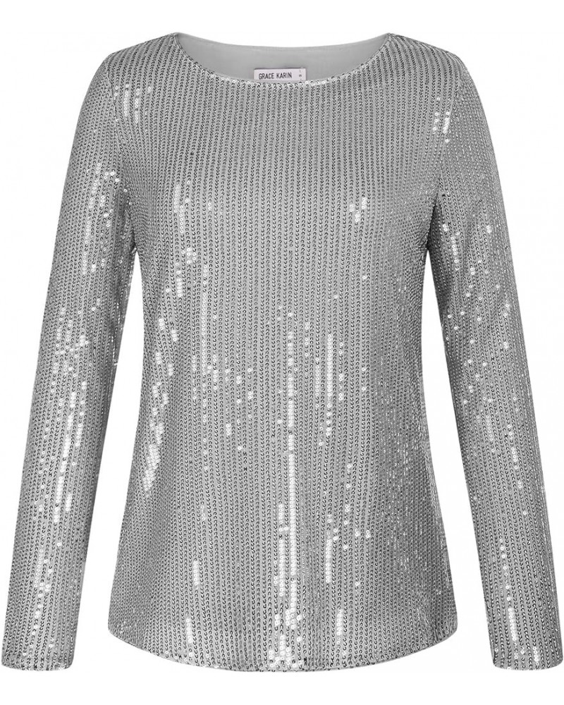 Sequin Tops for Women Sparkly Top Glitter Evening Party Shiny Split Mesh Back Long Sleeve Blouses Silver $25.67 Blouses