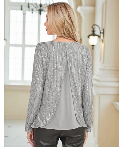 Sequin Tops for Women Sparkly Top Glitter Evening Party Shiny Split Mesh Back Long Sleeve Blouses Silver $25.67 Blouses