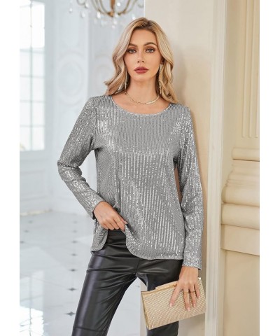 Sequin Tops for Women Sparkly Top Glitter Evening Party Shiny Split Mesh Back Long Sleeve Blouses Silver $25.67 Blouses