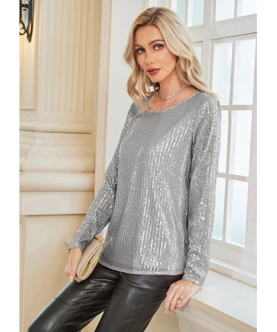 Sequin Tops for Women Sparkly Top Glitter Evening Party Shiny Split Mesh Back Long Sleeve Blouses Silver $25.67 Blouses