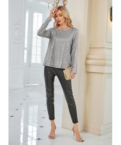 Sequin Tops for Women Sparkly Top Glitter Evening Party Shiny Split Mesh Back Long Sleeve Blouses Silver $25.67 Blouses