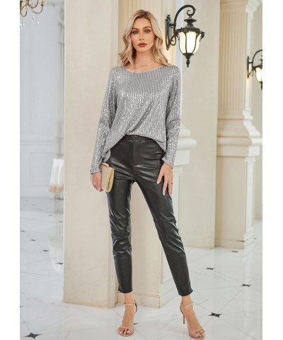 Sequin Tops for Women Sparkly Top Glitter Evening Party Shiny Split Mesh Back Long Sleeve Blouses Silver $25.67 Blouses