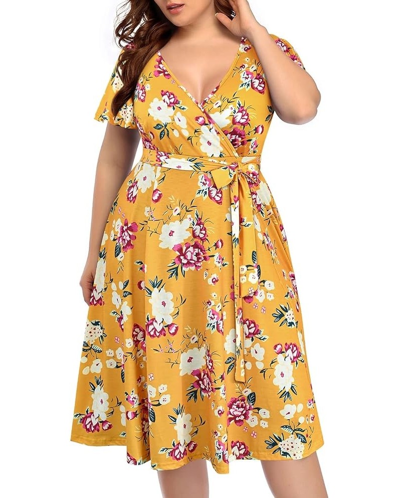 Plus Size Wrap V Neck Midi Casual Wedding Guest Short Flutter Sleeve Summer Dress Floral Yellow $24.19 Dresses