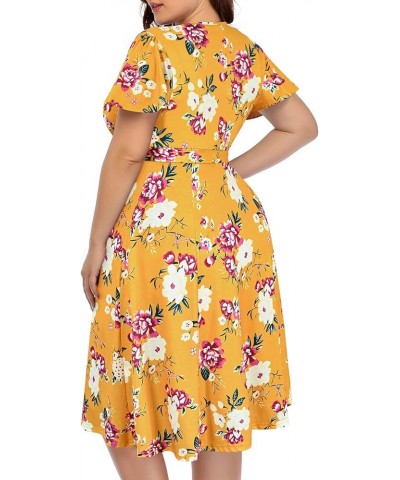 Plus Size Wrap V Neck Midi Casual Wedding Guest Short Flutter Sleeve Summer Dress Floral Yellow $24.19 Dresses