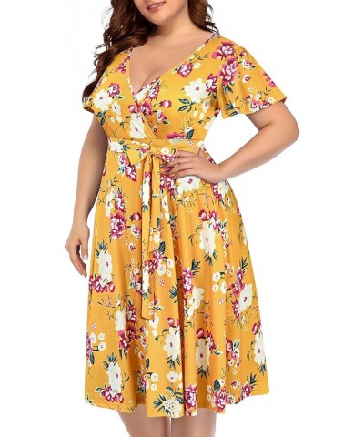 Plus Size Wrap V Neck Midi Casual Wedding Guest Short Flutter Sleeve Summer Dress Floral Yellow $24.19 Dresses