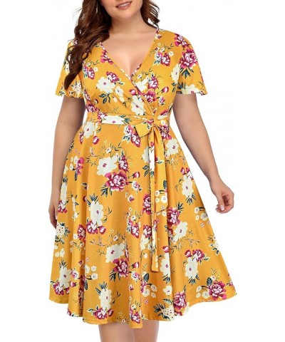 Plus Size Wrap V Neck Midi Casual Wedding Guest Short Flutter Sleeve Summer Dress Floral Yellow $24.19 Dresses