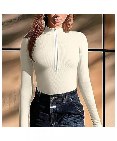 Women's Round Collar Long Sleeve Sexy Ribbed Basic Elastic Bodysuit With Front Zip Jumpsuit A-beige $10.38 Bodysuits