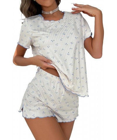 Pajama Set for Women Cute Print Short Sleeve Tee and Shorts Lounge Sleepwear Light Blue Cherry $14.70 Sleep & Lounge