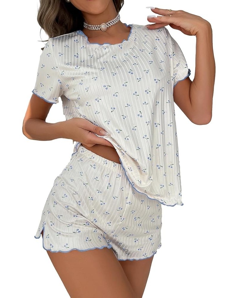 Pajama Set for Women Cute Print Short Sleeve Tee and Shorts Lounge Sleepwear Light Blue Cherry $14.70 Sleep & Lounge