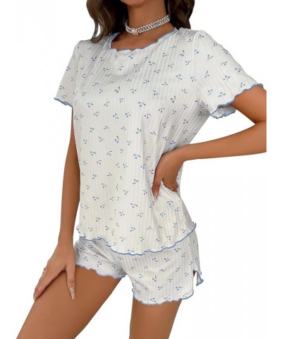 Pajama Set for Women Cute Print Short Sleeve Tee and Shorts Lounge Sleepwear Light Blue Cherry $14.70 Sleep & Lounge