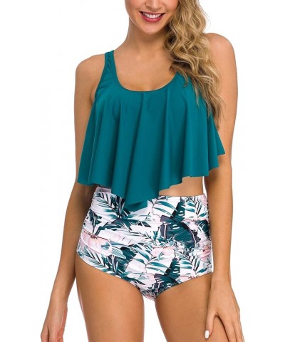 Women's High Neck Two Piece Bathing Suits Top Ruffled High Waist Swimsuit Tankini Bikini Sets Green-leaves 2 $10.43 Swimsuits