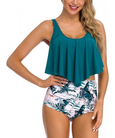 Women's High Neck Two Piece Bathing Suits Top Ruffled High Waist Swimsuit Tankini Bikini Sets Green-leaves 2 $10.43 Swimsuits