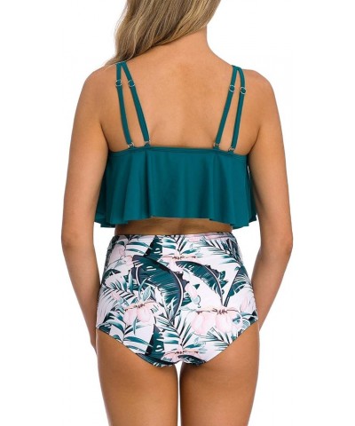 Women's High Neck Two Piece Bathing Suits Top Ruffled High Waist Swimsuit Tankini Bikini Sets Green-leaves 2 $10.43 Swimsuits